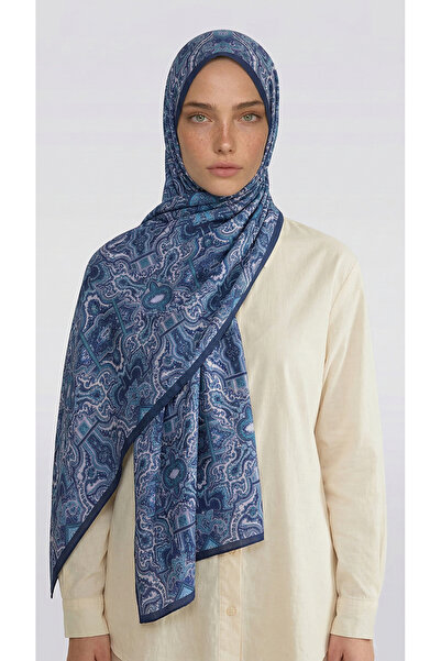 Karaca شال قطني منقوش بنمط لارا - أزرق داكن / أبيض