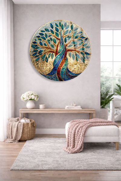TAULART Unbreakable Glass Table – Blue and Gold Life Tree Abstract Art Design