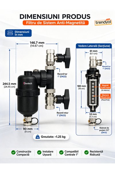 bautech Filtru Anti-Magnetită 1" Profesional PPSU – Protecție Instalații Termice, 25mm, 4 Bar, 70°C Antimagnetita