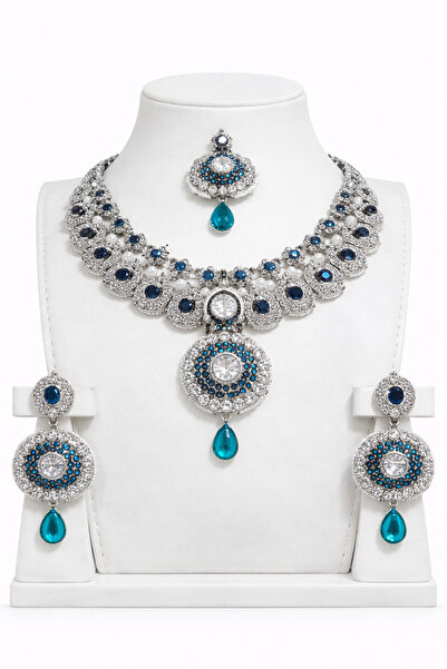 Generic طقم قلادة زفاف من الحجر الأزرق مع أقراط متناسقة، مجوهرات زفاف ذهبية ا...