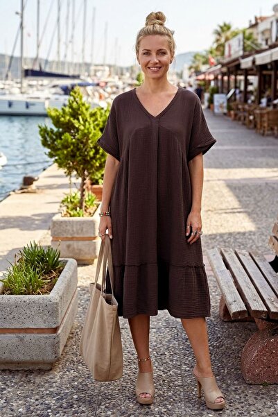 Chiccy Rochie țesută din muselină, maro, cu decolteu în V, mâneci scurte, cu ...
