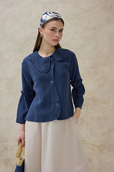 Birgül Bektaş Navy Blue Lina Asymmetrical Collar Detailed Jacket