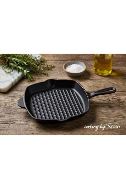 Tessari Enamelled Cast Iron Grill Pan, 26.5x4.5cm, Marble Gray