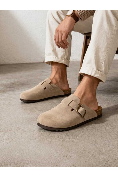 Scholl Saboti pentru barbati, OLIVIER DARK BEIGE, piele intoarsa, confortabili, bej, 40