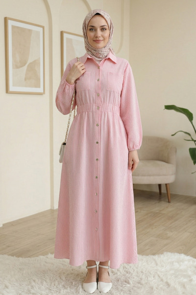 FERHEL Women's Elastic Waist, Buttoned, Striped, Modest Dress - Powder