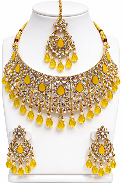 Generic Yellow Stone Bridal Choker Necklace Set Gold Color Wedding Jewelry wi...