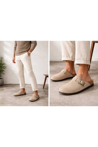 Scholl Saboti pentru barbati, OLIVIER DARK BEIGE, piele intoarsa, confortabili, bej, 40