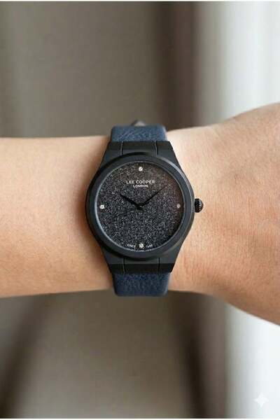 Lee Cooper Women's Wristwatch |   35mm Steel Case, Blue Leather Strap, Black Dial