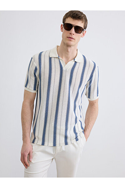 LC Waikiki Indigo Polo Collar Striped Terry Fabric Men's T-Shirt