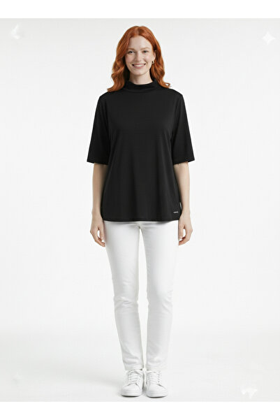 Neden Tekstil Women's Black Half Turtleneck Half Sleeve T-Shirt