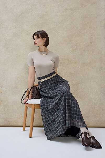 Birgül Bektaş Green Rumi Plaid Chiffon Skirt