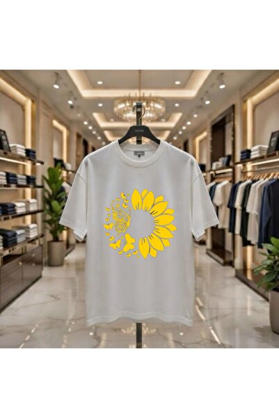playwear Тениска с щампа на слънчогледи и пеперуди, 100% памук, овърсайз, сво...