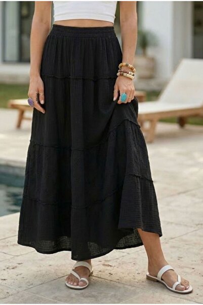 Chiccy Μαύρη φούστα με βολάν και στρώσεις, casual μουσελίνα, κανονική υφαντή ...