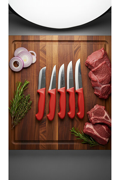 Yatağan Zeybek 5'li Ergonomik Kırmızı Saplı Paslanmaz Çelik Mutfak ve Kurban ...