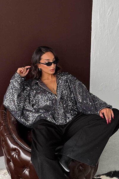 VERYMODA Sequined Oversized Women's Jacket – Zippered Sparkling Stylish Top |...