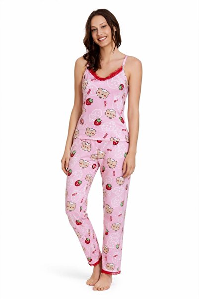 GK LUXURY & FASHION Boyraz Pink Strappy Long Pajama Set with Strawberry and B...
