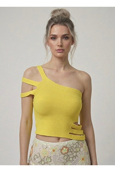 Neden Tekstil Asymmetrical One-Shoulder Knitwear Crop Blouse