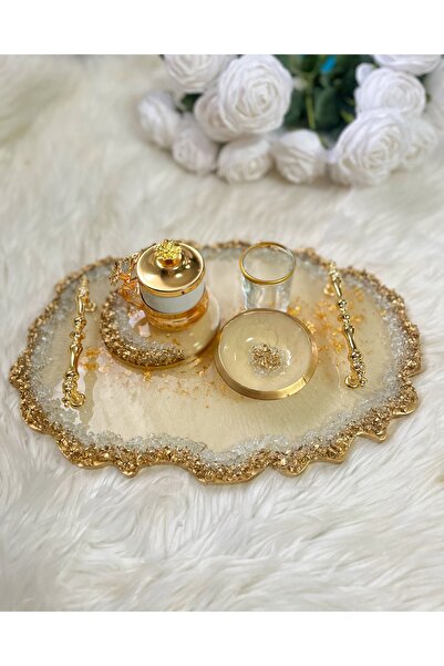 RESİNARTSHOP Epoksi Tepsi 5 parça Sedefli krem +gold büyük boy damat tepsi seti