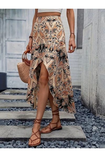 Efnaz style تنورة نسائية طويلة من قماش السوبر جيرسيه بخصر عالٍ ونقشة زهور وتف...