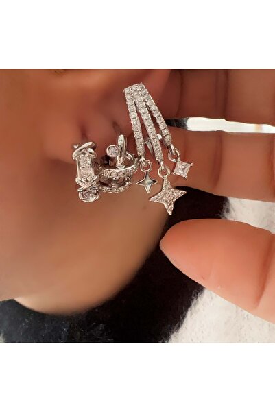 ACAR TAKI Triple Ring-Spiral Ring-Star Detail Earring Set-Silver Color Acr9480