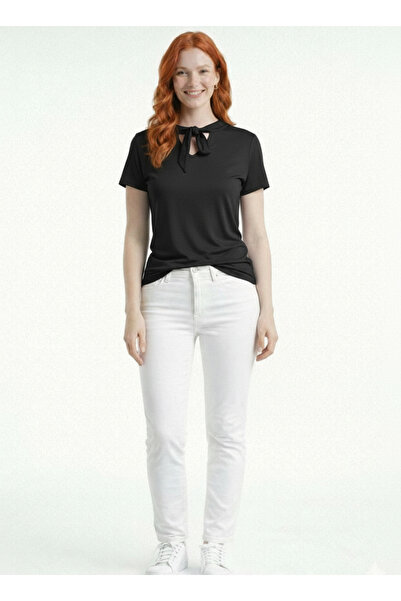 Neden Tekstil Women's Black Half Turtleneck Blouse with Tie Detail and Short ...