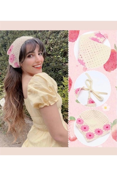 synshop ربطة شعر صيفية على شكل مثلث منسوجة باللون الوردي على الطراز الكوري ال...