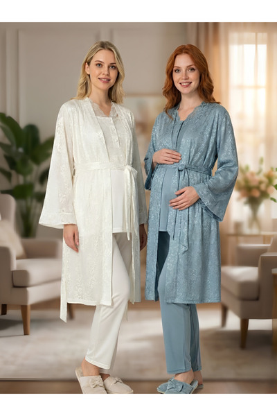 Lohussa New Season Blue Jacquard Satin Pajama Set with Maternity Gown and Nur...