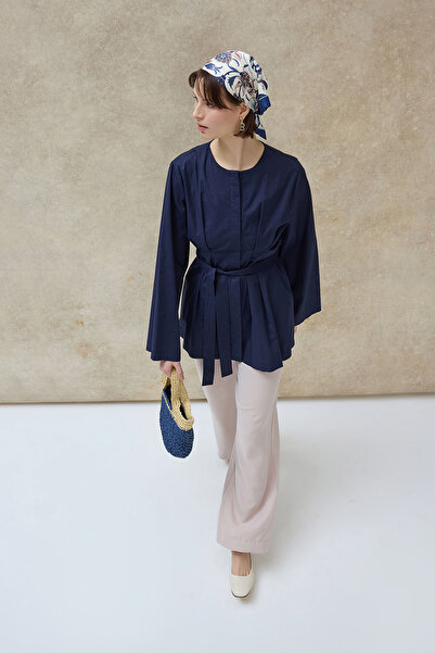 Birgül Bektaş Navy Blue Mirel Wide Sleeve Pleated Shirt
