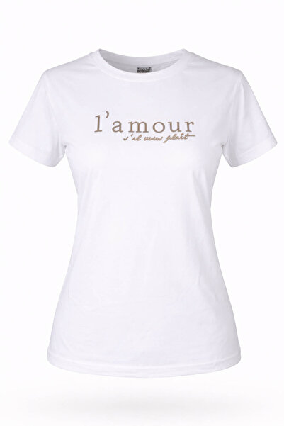 trender تي شيرت نسائي أبيض برقبة دائرية مطبوع عليه L'Mour 26YDT1000006
