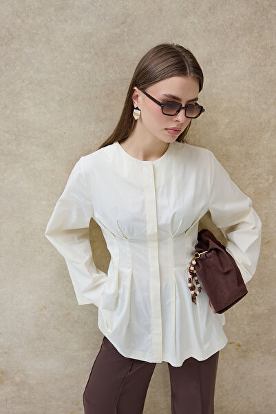 Birgül Bektaş Cream Mirel Wide Sleeve Pleated Shirt