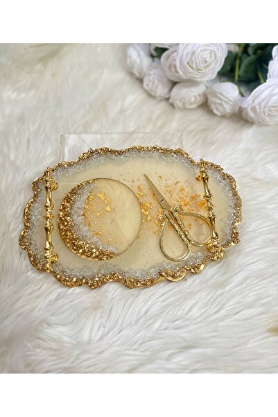 RESİNARTSHOP Epoksi tepsi 3 parça sedefli krem+gold küçük boy nişan tepsi seti