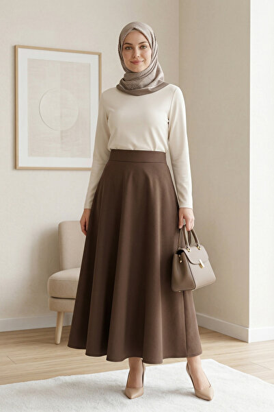 FERHEL تنورة نسائية واسعة من قماش سكوبا بوف بقصة مريحة - بني