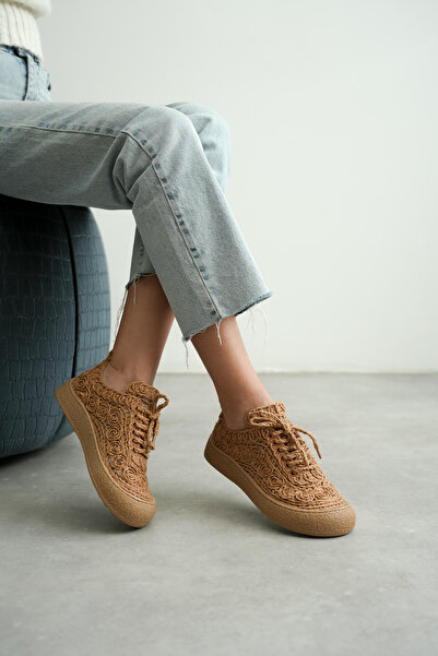 FRESCO SCARFS Women's Tan Knit Detailed Casual Sneaker Comfortable and Lightw...