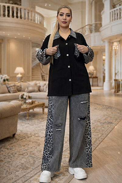 Yeşilmoda Women's Leopard Detailed Jean Set Sporty Stylish Shirt Pants Set Ov...