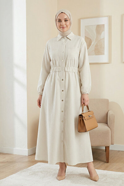 FERHEL Women's Elastic Waist, Buttoned, Striped, Hijab Dress - Beige