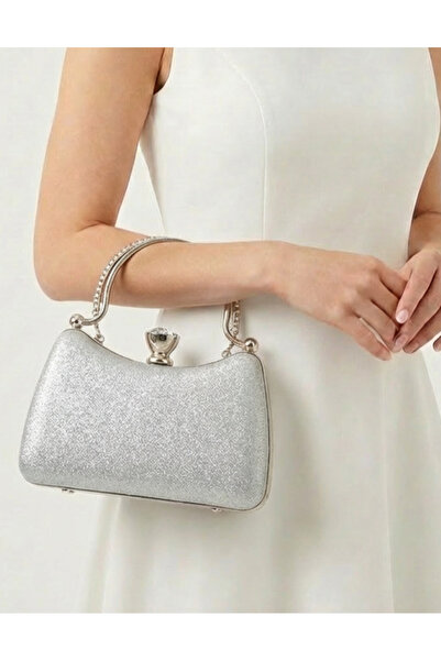 Çanta Trend Silver Women's Evening Dress and Wedding Bag with Sand Glitter Lo...