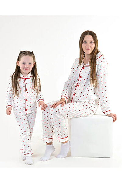 Stork Bundle Kalp Desenli Kırmızı Biyeli Anne Kız Kombin Pijama Takımı - Beyaz