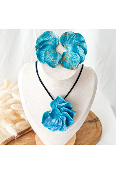 MYGRACE Flower Earrings and Necklace Set, Turquoise, Textured Halves, Oversiz...