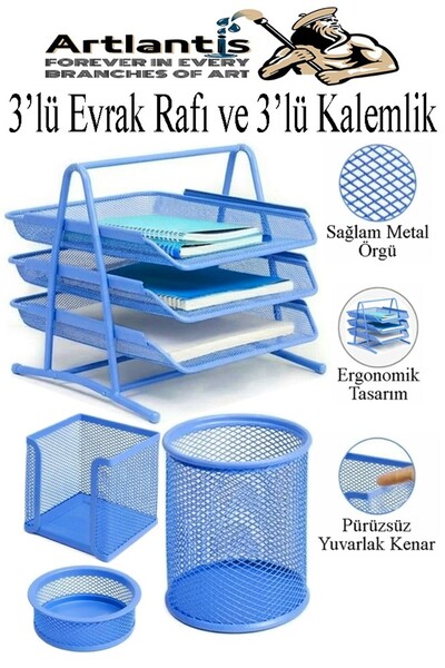 Artlantis Μπλε Μεταλλική Θήκη Εγγράφων 3 τεμαχίων και Θήκη Στυλό Γραφείου 3 τ...