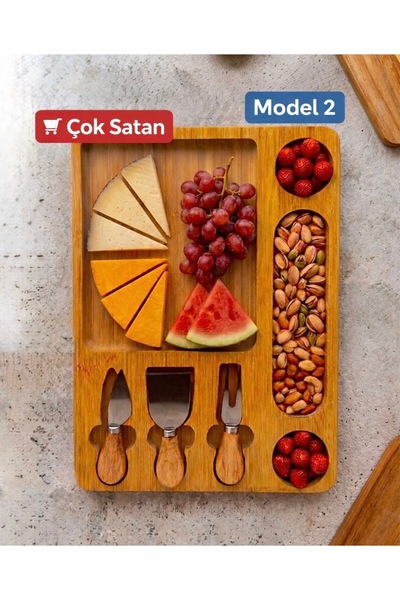 BAROTTİ Ahşap Peynir Servis Tabağı 3+1 Bölmeli – 3’lü Peynir Bıçağı Seti Şark...