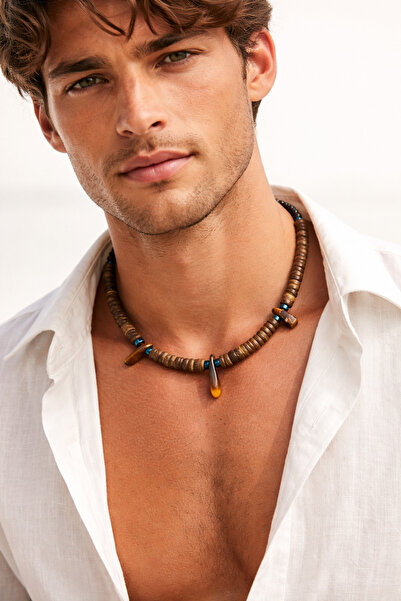 magıcgrange Men's Authentic Necklace Natural Stone Bead Necklace Tiger's Eye ...