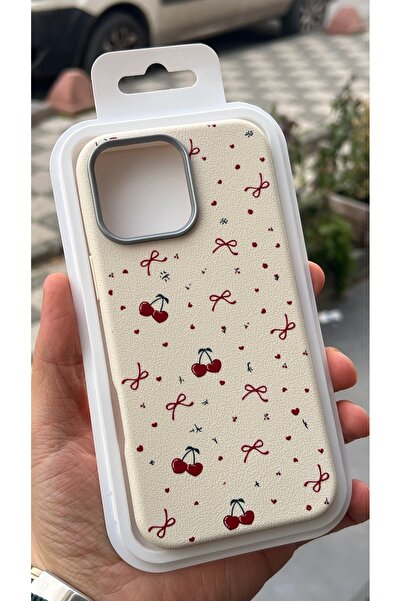 EDELFU iPhone 14 Pro Max Compatible - Cream Serrated Silicone Cover Red Cherr...