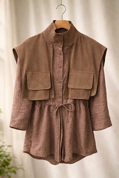ASTEMİA Kadın Oversize Cepli Yelekli Gömlek SB0007