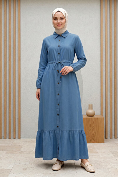 FERHEL Hijab Buttoned Waist Gathered and Lace-Up Denim Dress - Indigo