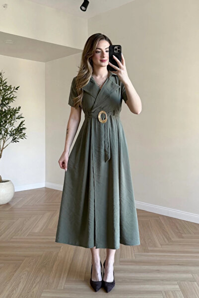 MOZENA Rochie midi din țesătură Tencel, cu guler dublu și detaliu curea în talie