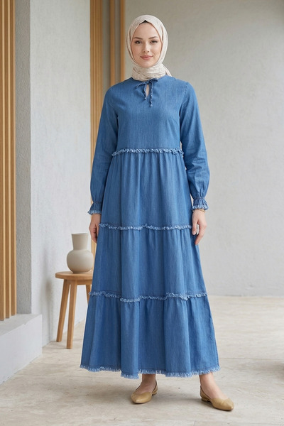 FERHEL Hijab Collar, Tie-Cuff, Drawstring Long Denim Dress - Blue