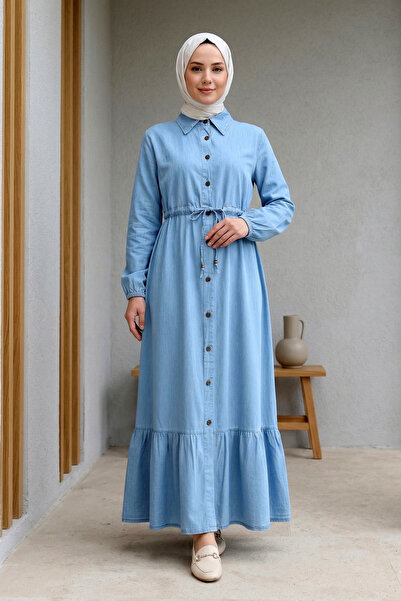FERHEL Hijab Buttoned Waist Gathered and Lace-Up Denim Dress - Blue