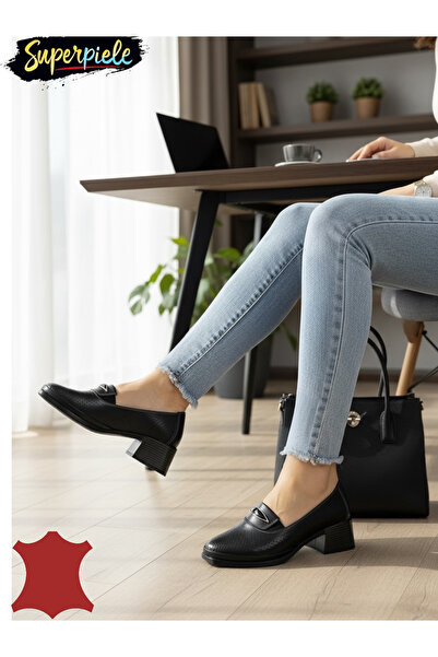 ANGEL BLUE ELEGANT SHOES MADE OF GENUINE LEATHER WITH A SMALL THICK HEEL