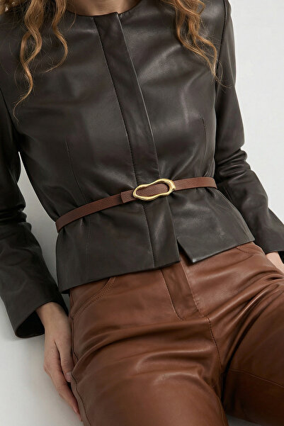 Milleniva Abstract Ellipse Gold Buckle Brown Thin Women's Belt 1.5 cm