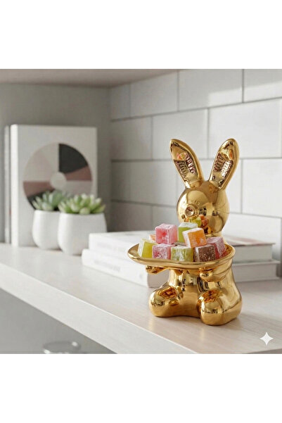 mysecrethome Gold Tavşan Figürlü Sunumluk 15x8cm – Dekoratif Şekerlik ve İkra...